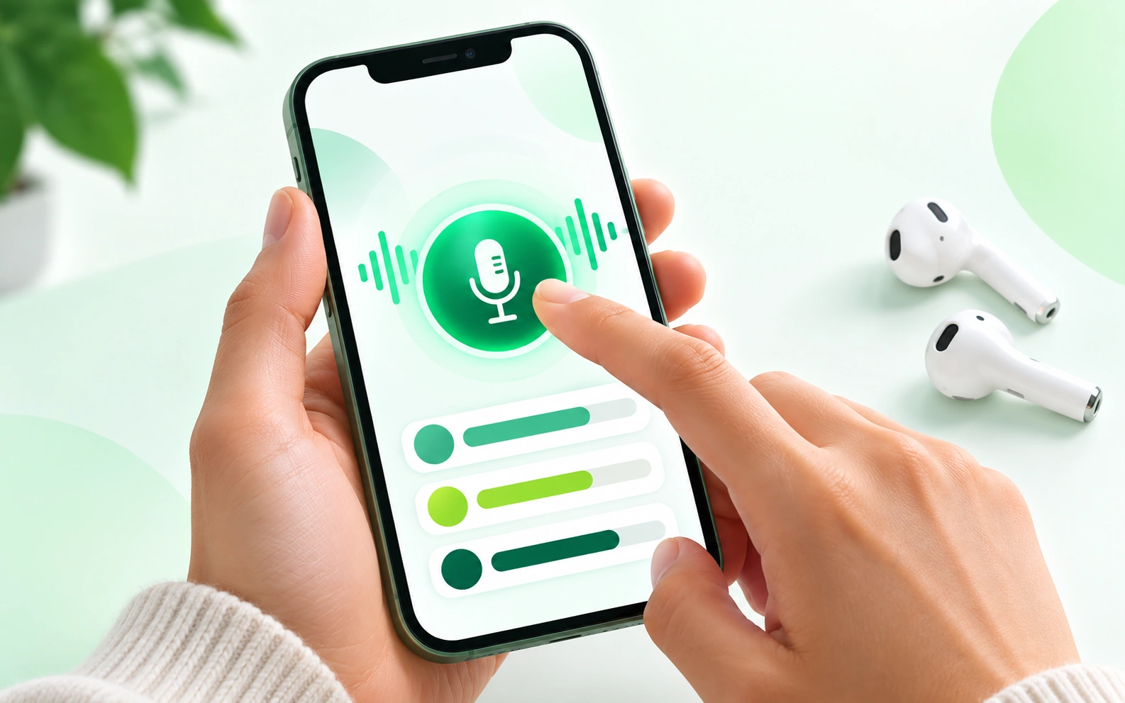 Student using the microphone on a phone to practice speaking English
