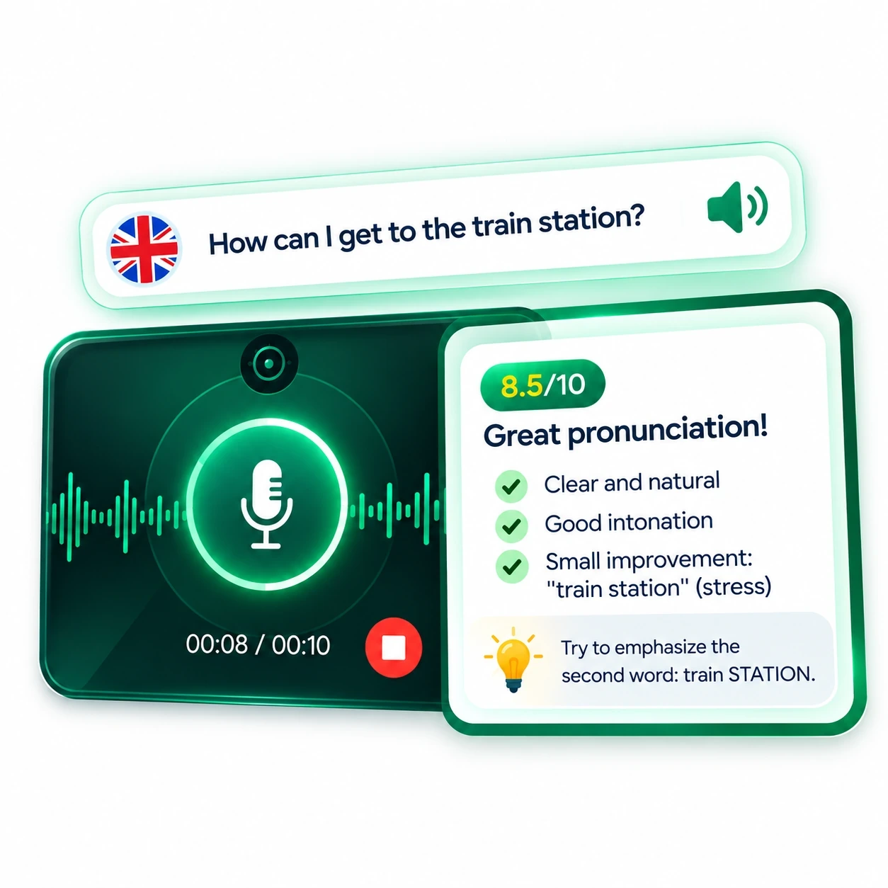 Speaking exercise with instant AI feedback on pronunciation and intonation